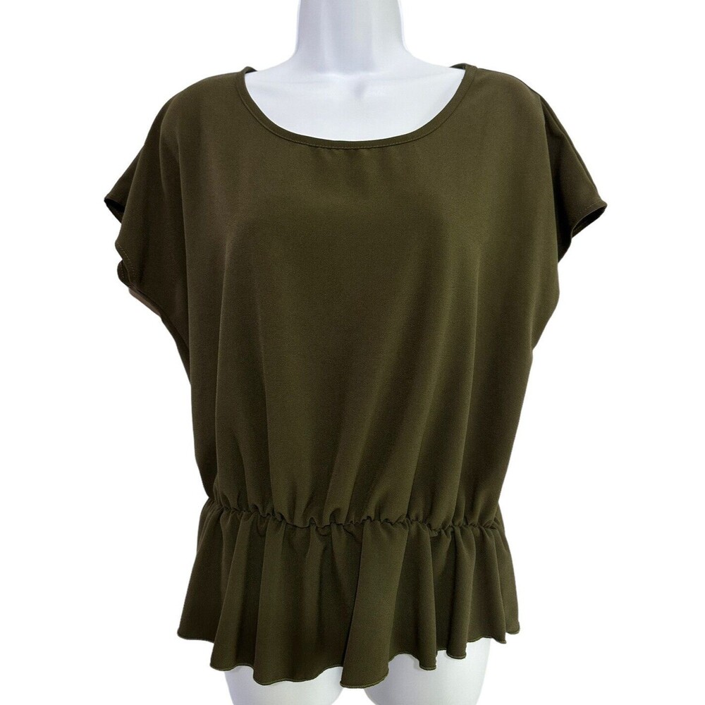 Papaya Womens Peasant Ruffle Elastic Waist Shirt Top Size‎ L Green Round Neck